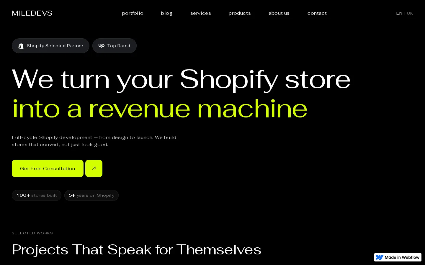 Главная miledevs.com, собранная агентом в Webflow, на компьютере