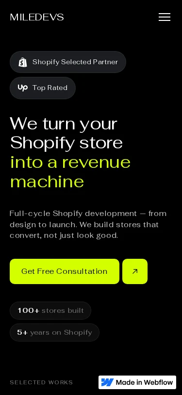 Та же главная в Webflow на телефоне