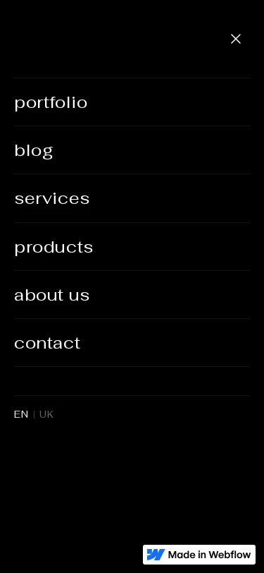 Открытое мобильное меню главной в Webflow
